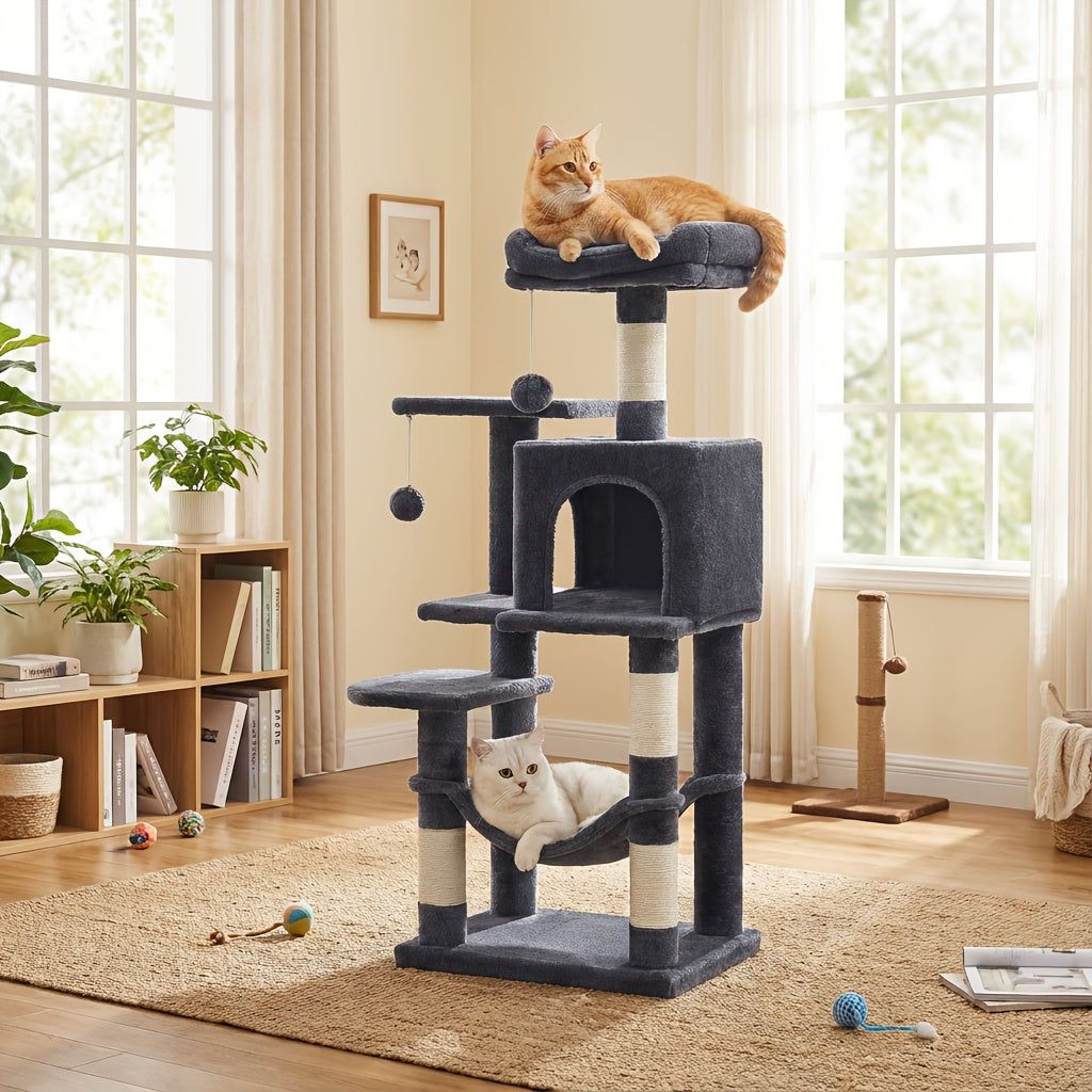 66in\u002F44in Multi-Level Cat Condo Tower with Cozy Cave & Plush Hammock, Featuring 4 Sisal Scratching Posts, 2 Perches, Anti-Tilt Stable House Apartment, Ultimate Pet Playhouse for Multi-Cat Families, Easy 10-Min Assembly, Gift for Kittens & Cats