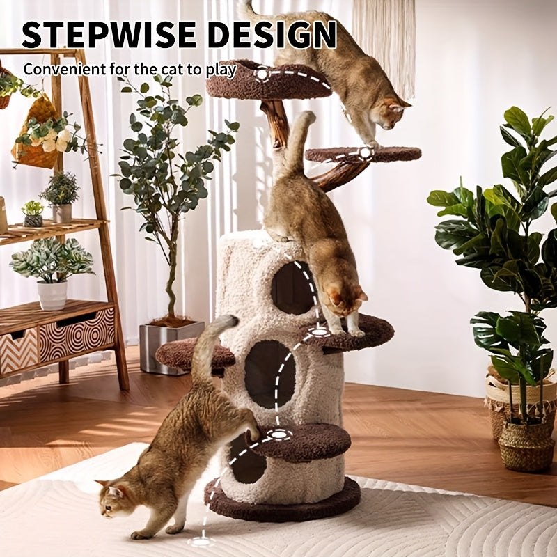 A Cat Tree Structure Featuring Three Comfortable Hideaways - a Stylish Wooden Condo Perfect for Halloween, Designed for Multiple Adult Cats with Spacious Levels, Soft Perches, Platforms, And Scratching Posts
