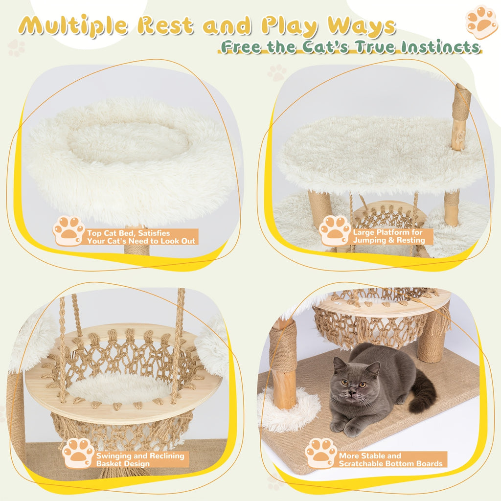 54 Inch Cat Tree for Indoor Cats | Modern Multi-Level Wooden Cat Climbing Tower with Hanging Basket Hammock, Sisal Scratching Posts, Scratchable Base for Multi-Cat Households