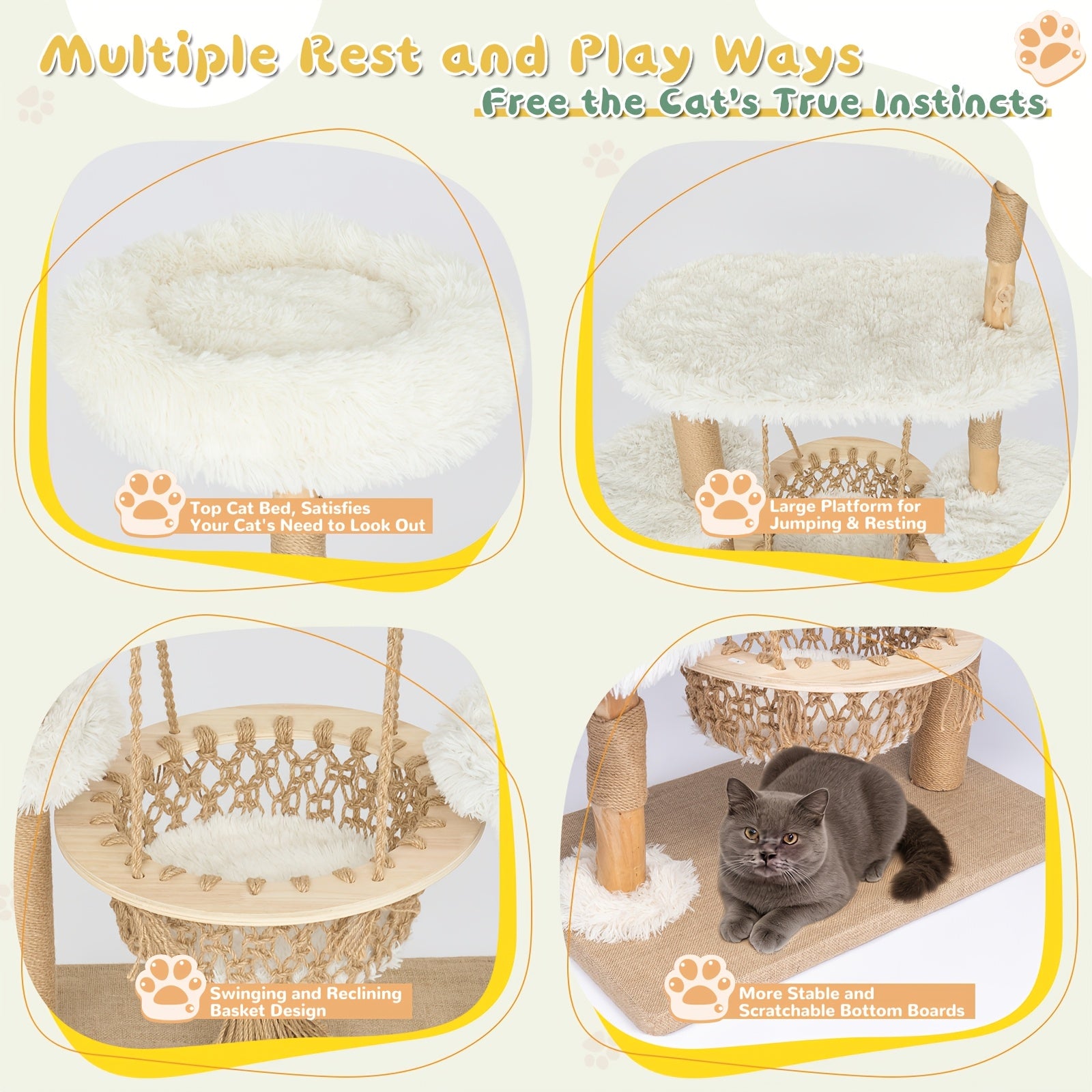 54 Inch Cat Tree for Indoor Cats | Modern Multi-Level Wooden Cat Climbing Tower with Hanging Basket Hammock, Sisal Scratching Posts, Scratchable Base for Multi-Cat Households