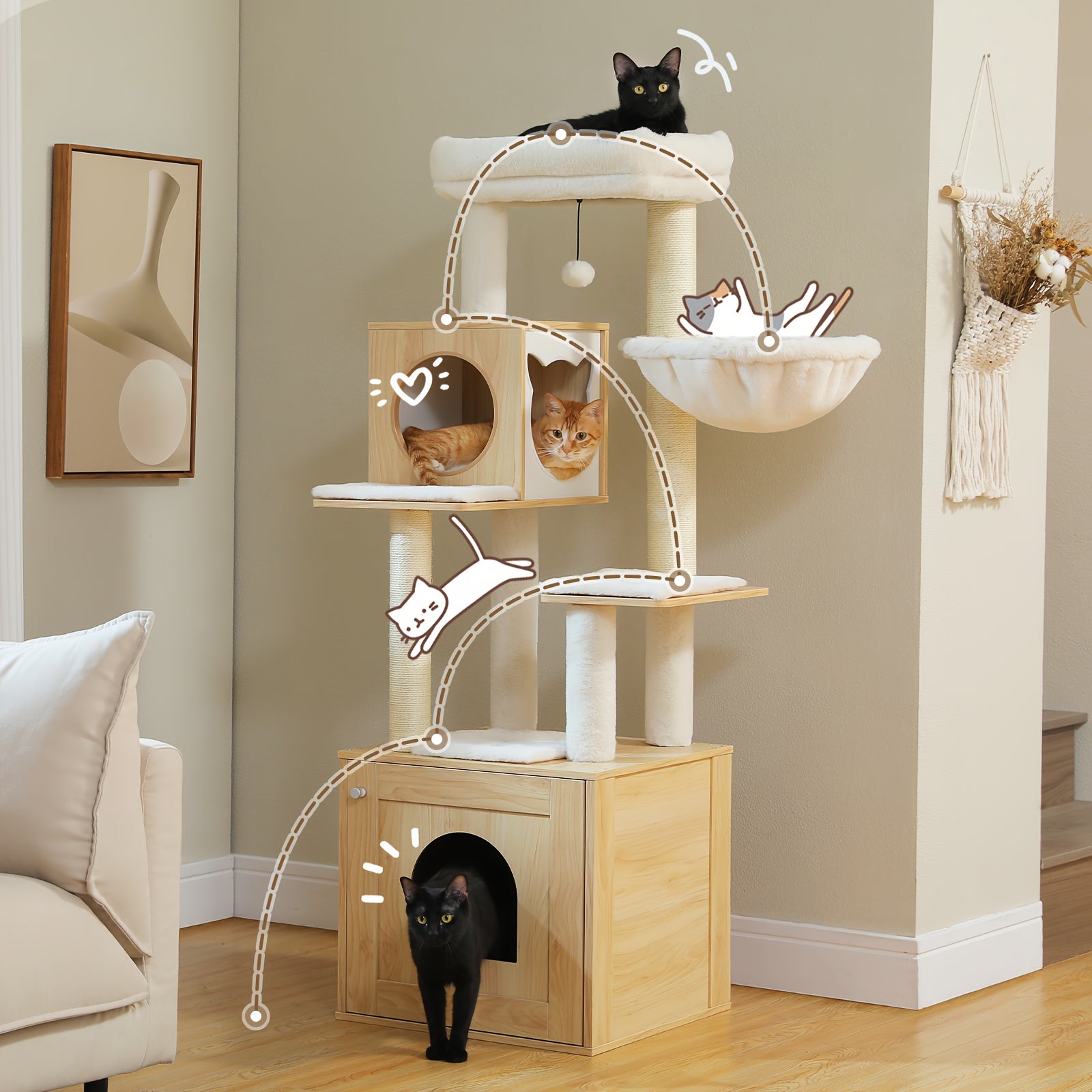Cat Tree With Litter Box Enclosure Large, Wood Cat Tower For Indoor Cats With Storage Cabinet And Cozy Cat Condo, Sisal Covered Scratching Post And Dangling Balls, Beige, Black, Brown, Grey