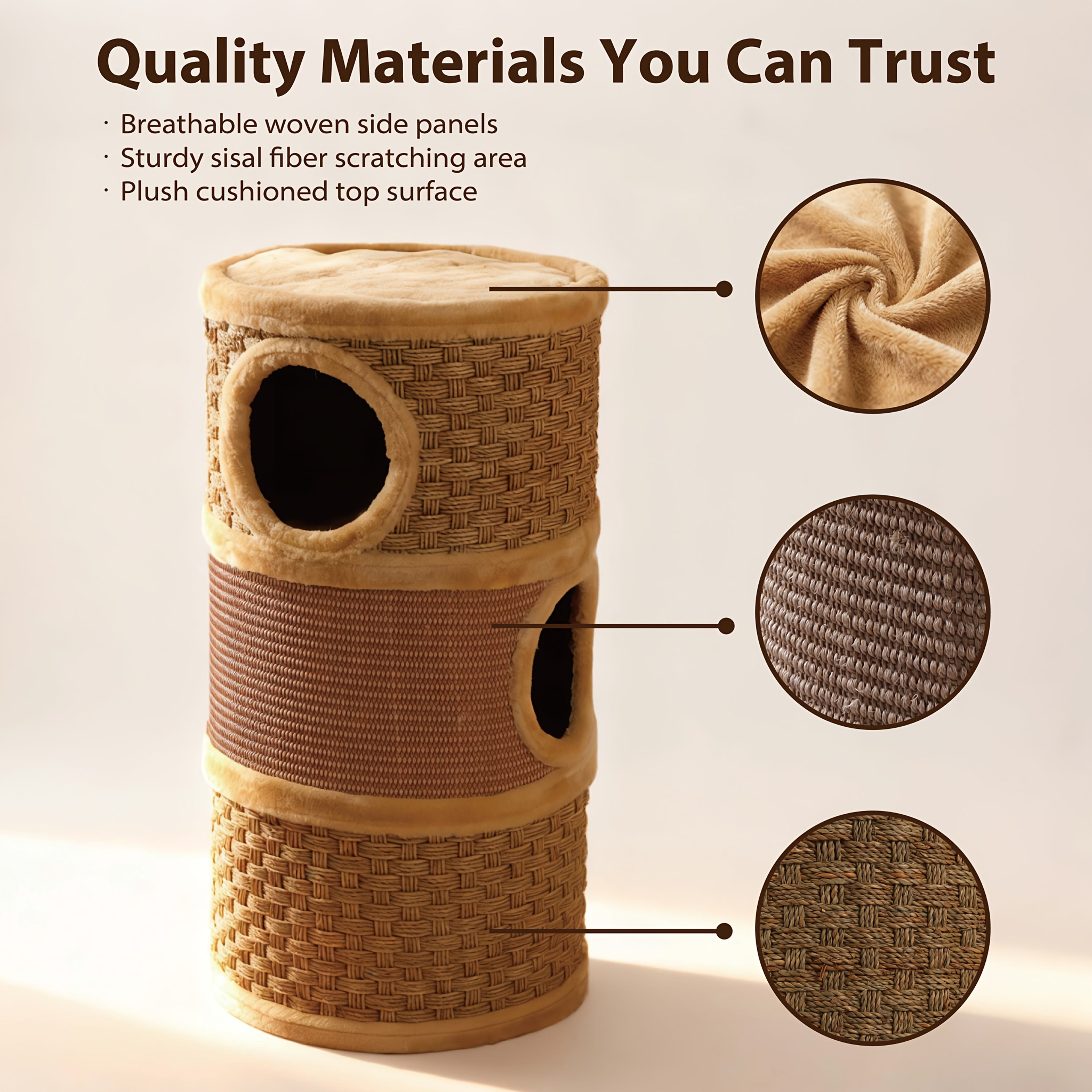 Three-Level Cat Tree Towers for Indoor -Durable Cat Furniture, Cat Scratcher & Cozy Cat Bed, Cat Climbing Frame with A House Hole, Cat Tree House, Cat Hideaway, Scratch-Resistant Design, Tree Hole Style, Sisal Material, Space-Saving