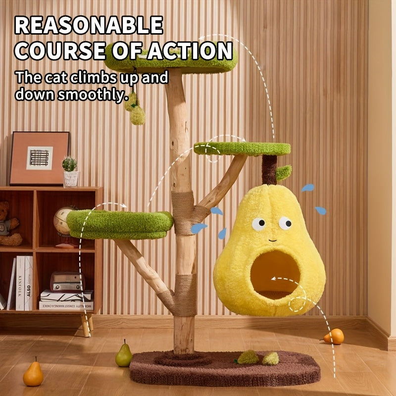 Solid Wood Modern Cat Tree Tower with Multi-Level Platforms, Scratching Posts, Top Cattail Basket Bed, Hammock & Condo - Sturdy Indoor Cat Furniture with Soft Cushioned Perches, Spacious Design for Large Adult Cats - Durable Cat Tree for Climbing