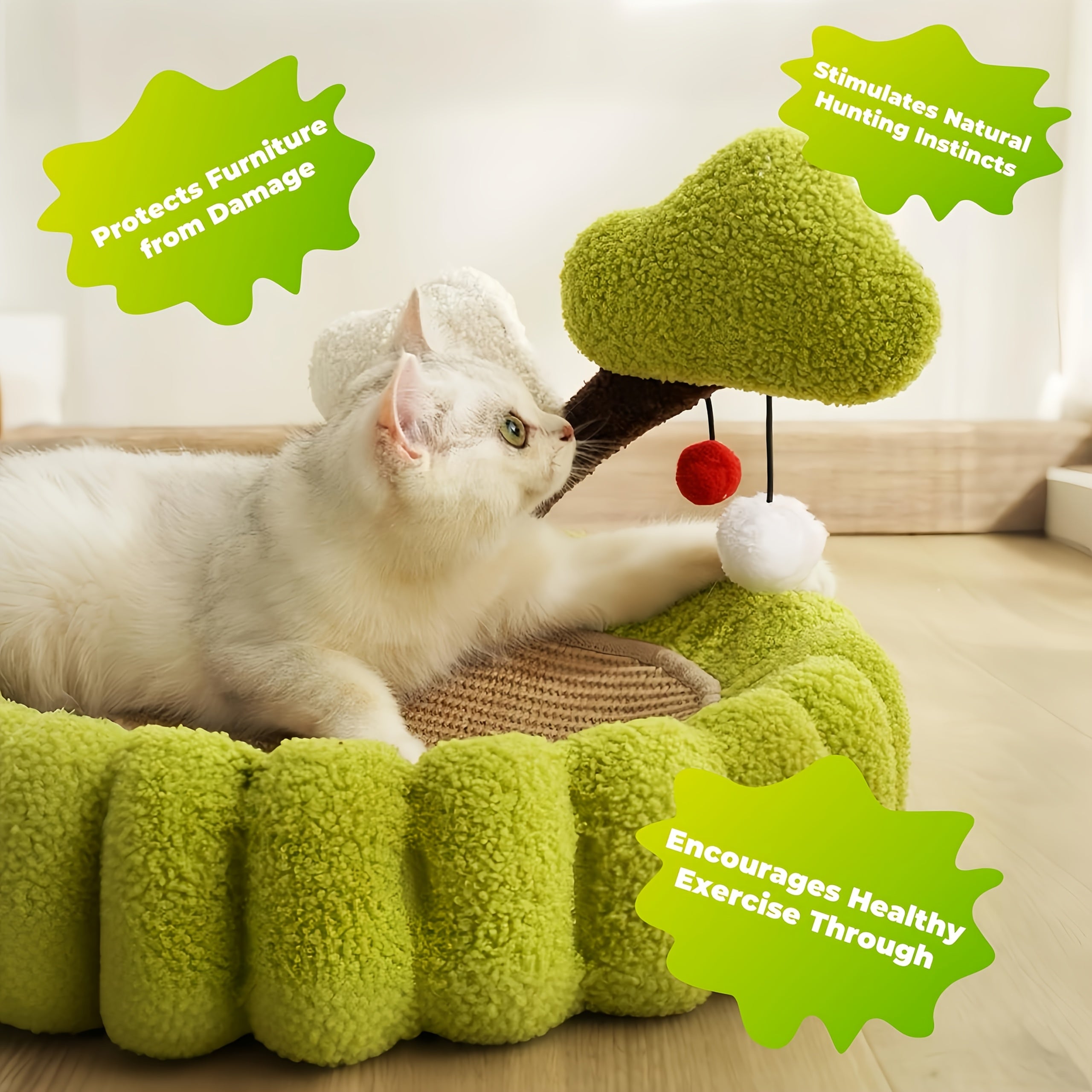 Sisal Cat Scratching Board Bed, 3-in-1 Functional Design, Including 2 Pom Pom Toys, Green Tree-shaped Scratching Post And Lounge Chair, Durable Indoor Cat Furniture Protector