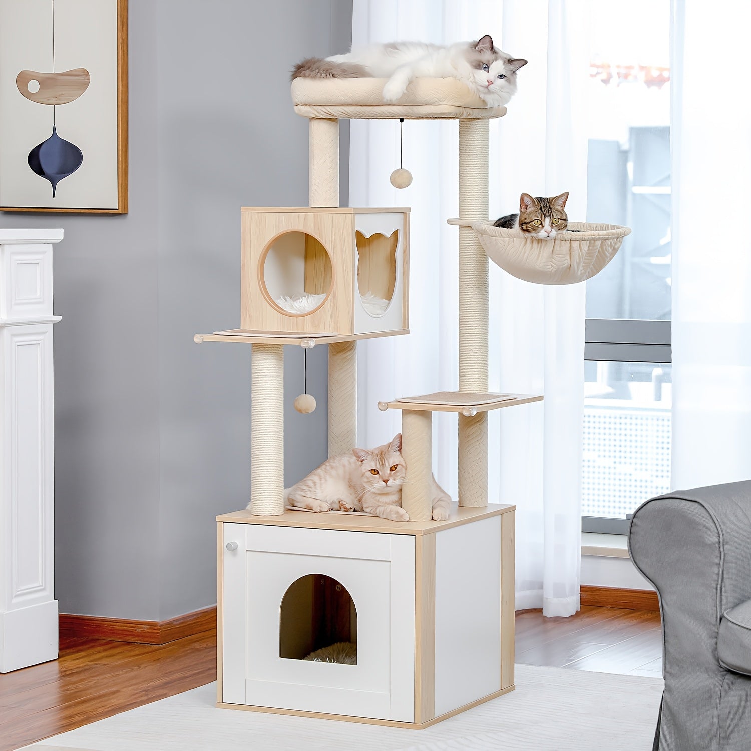 Cat Tree With Litter Box Enclosure Large, Wood Cat Tower For Indoor Cats With Storage Cabinet And Cozy Cat Condo, Sisal Covered Scratching Post And Dangling Balls, Beige, Black, Brown, Grey