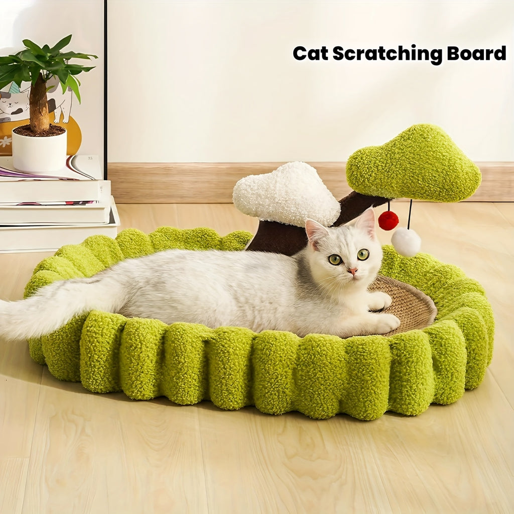 Sisal Cat Scratching Board Bed, 3-in-1 Functional Design, Including 2 Pom Pom Toys, Green Tree-shaped Scratching Post And Lounge Chair, Durable Indoor Cat Furniture Protector
