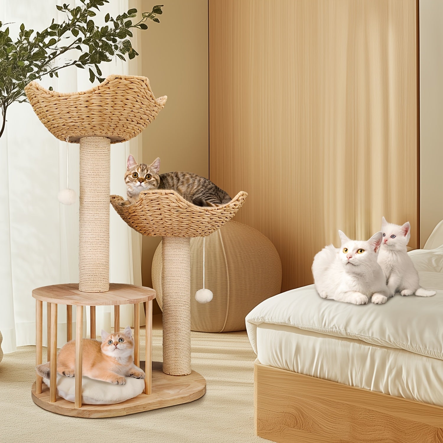 3-tier Cat Tree Activity Tower Condo Furniture with Plush Cushion Cozy Rest Dangling Ball Sisal Scratching Post for Indoor Cats