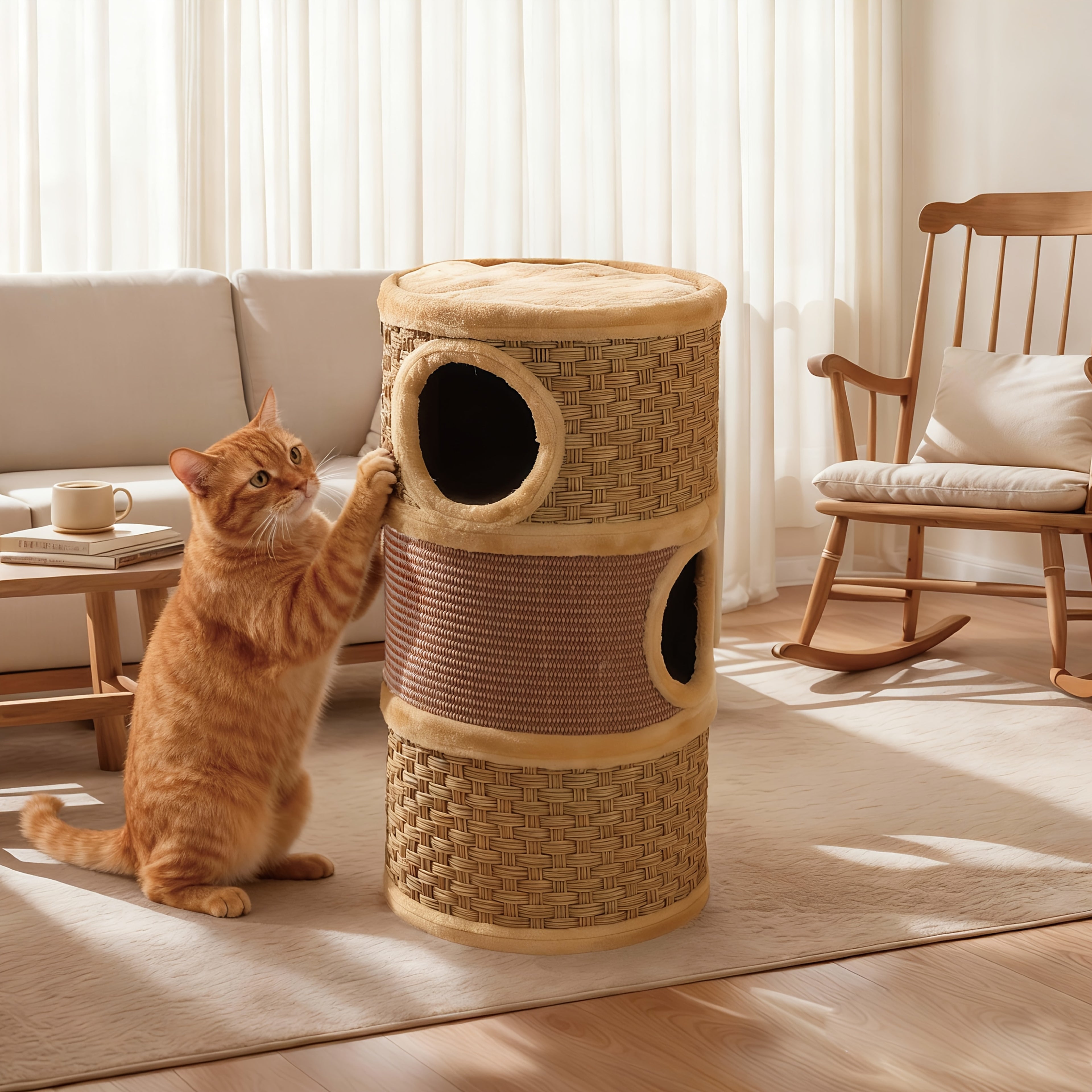 Three-Level Cat Tree Towers for Indoor -Durable Cat Furniture, Cat Scratcher & Cozy Cat Bed, Cat Climbing Frame with A House Hole, Cat Tree House, Cat Hideaway, Scratch-Resistant Design, Tree Hole Style, Sisal Material, Space-Saving