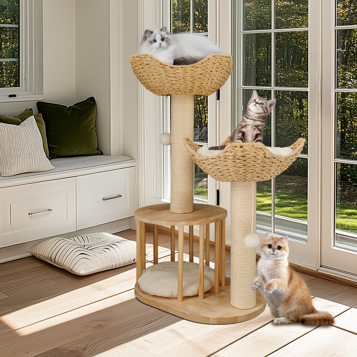 3-tier Cat Tree Activity Tower Condo Furniture with Plush Cushion Cozy Rest Dangling Ball Sisal Scratching Post for Indoor Cats