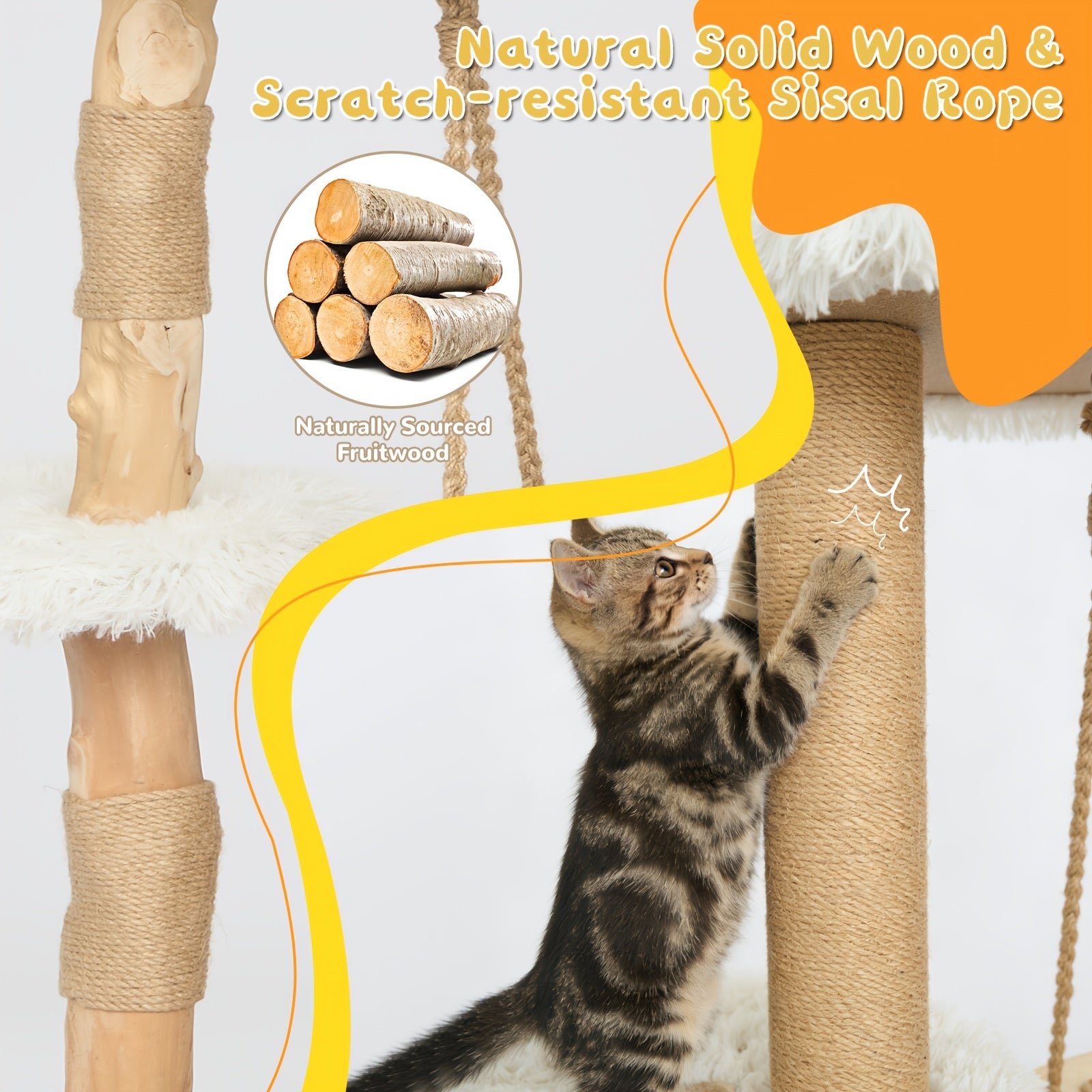 54 Inch Cat Tree for Indoor Cats | Modern Multi-Level Wooden Cat Climbing Tower with Hanging Basket Hammock, Sisal Scratching Posts, Scratchable Base for Multi-Cat Households
