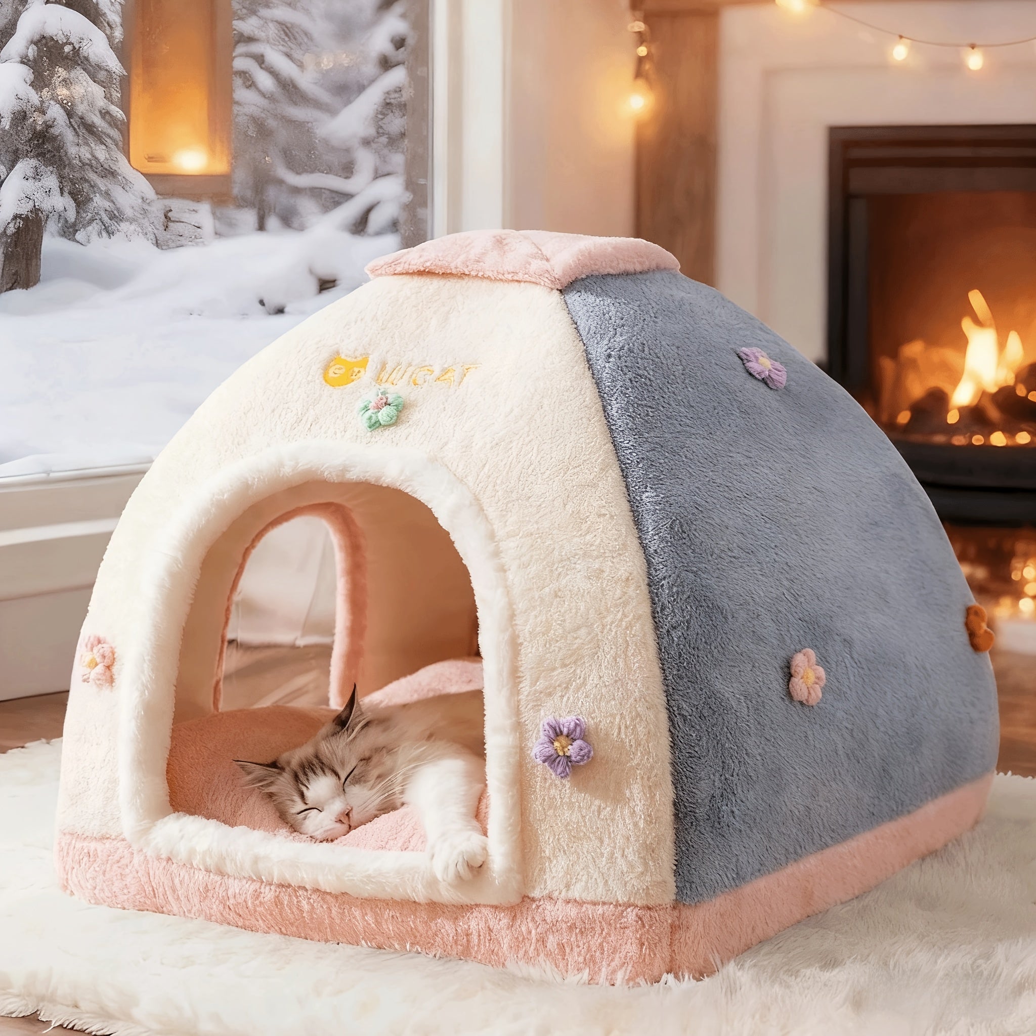 Cat Bed, Autumn Amd Winter Warm Dreamy Cute Pet Tent Bed, for Cats, Dogs, Pets, Autumn Amd Winter Use, for Sleeping, Enclosed Design for Security, Usable as Dog Bed, Pet Cushion, Soft and Comfortable, Indoor Use