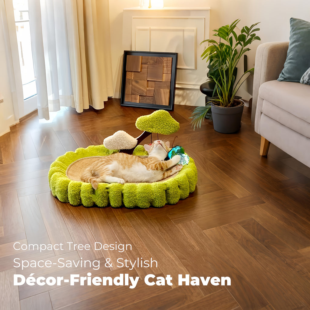 Sisal Cat Scratching Board Bed, 3-in-1 Functional Design, Including 2 Pom Pom Toys, Green Tree-shaped Scratching Post And Lounge Chair, Durable Indoor Cat Furniture Protector