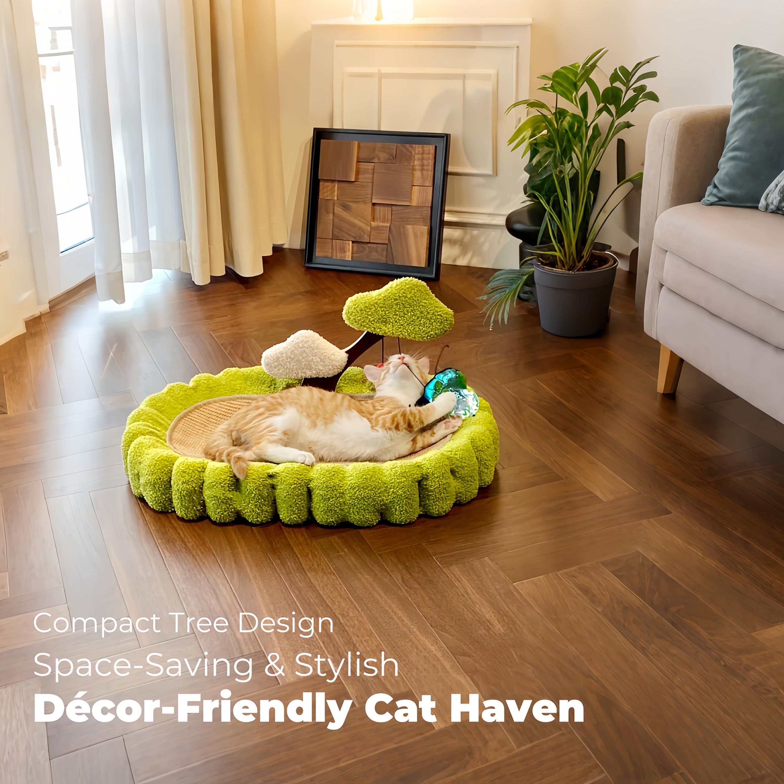 Sisal Cat Scratching Board Bed, 3-in-1 Functional Design, Including 2 Pom Pom Toys, Green Tree-shaped Scratching Post And Lounge Chair, Durable Indoor Cat Furniture Protector