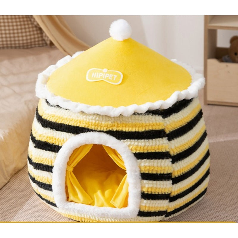 Pet Tent Bed, Autumn and Winter Enclosed Yurt Cat Villa, Fully Enclosed for Puppies and Cats for a Sense of Security, Warm and Comfortable
