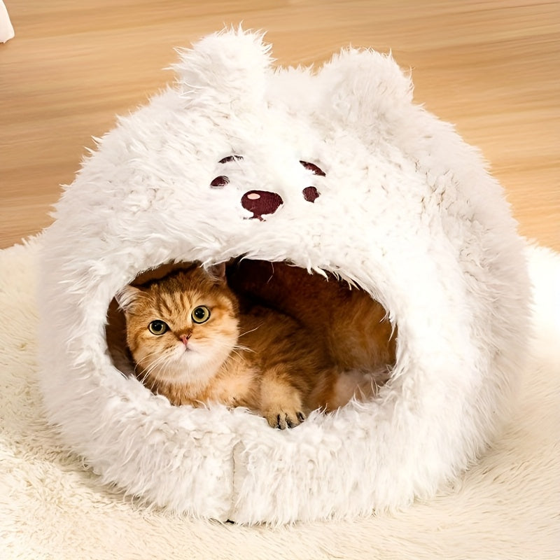 Cozy Cat Cave Bed with Privacy Cover, Winter Warm Dog House for Indoor Use, Non-Slip Base & Machine Washable, Calming Shelter for Pets