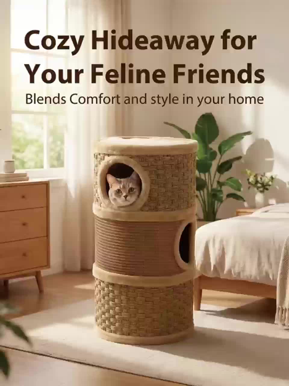 Three-Level Cat Tree Towers for Indoor -Durable Cat Furniture, Cat Scratcher & Cozy Cat Bed, Cat Climbing Frame with A House Hole, Cat Tree House, Cat Hideaway, Scratch-Resistant Design, Tree Hole Style, Sisal Material, Space-Saving