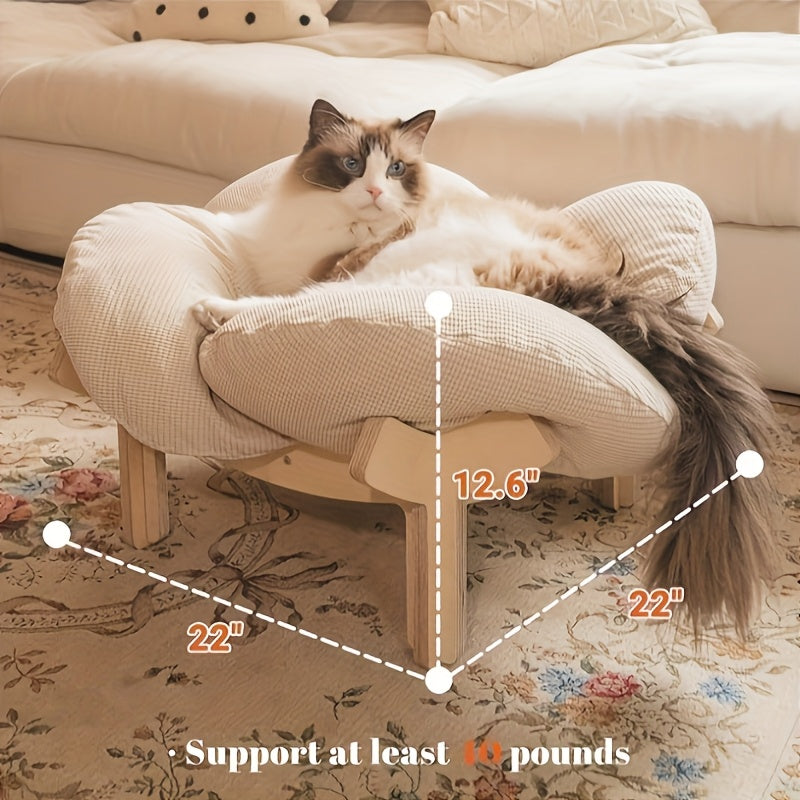 High-leg Joint-protecting Pet Bed, Cat Stand Bed with Soft Cushion And Sturdy Legs, Heart-shaped Wooden Frame with Beige Soft Cushion, Modern Luxury Indoor Pet-specific, Indoor Cat And Small Dog Specific High-leg Sofa