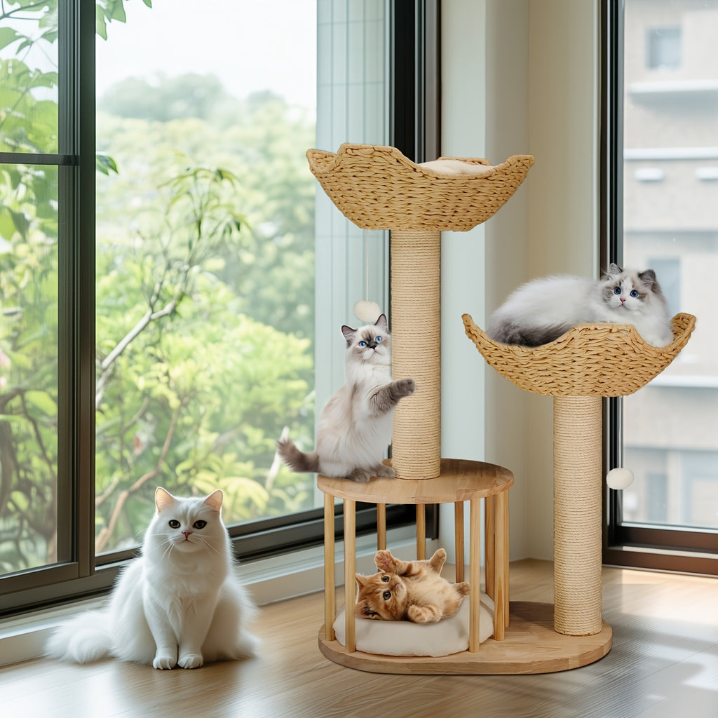 3-tier Cat Tree Activity Tower Condo Furniture with Plush Cushion Cozy Rest Dangling Ball Sisal Scratching Post for Indoor Cats