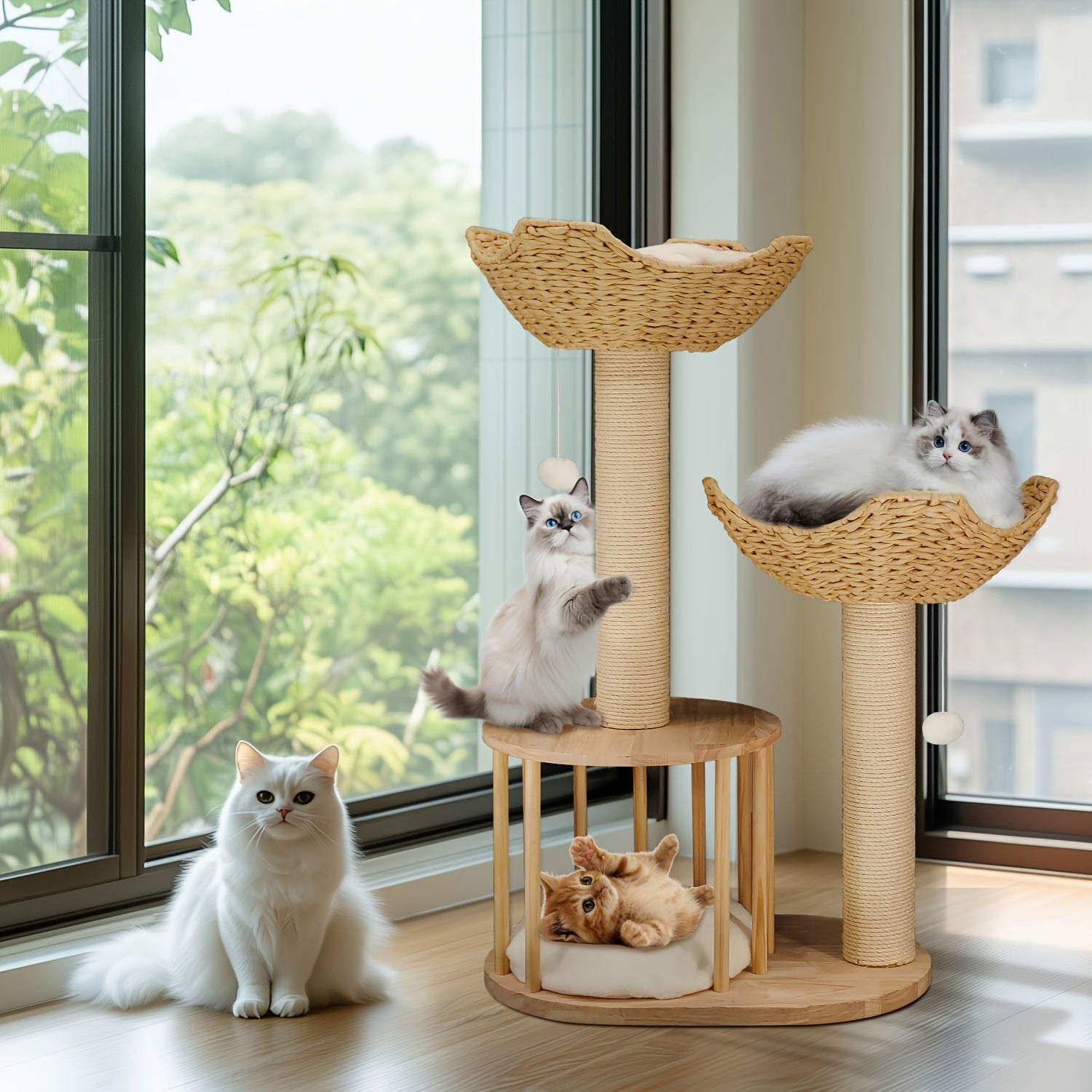 3-tier Cat Tree Activity Tower Condo Furniture with Plush Cushion Cozy Rest Dangling Ball Sisal Scratching Post for Indoor Cats