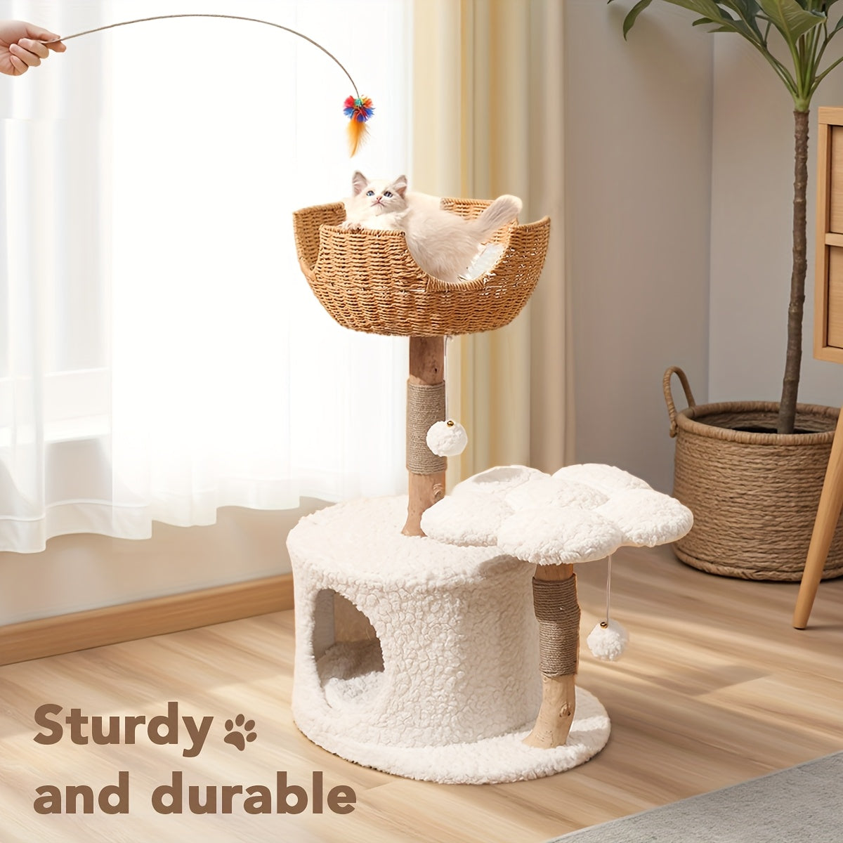 Multi-Level Cat Tree Tower for Kittens Modern Space-Saving Design with Scratching Posts, Caves, 2 Pompoms 2 Cushions, Handwoven, Sturdy Construction for Climbing, Scratching, Resting, Stylish Feline Playhouse, Small Space Solutions, Only for Kitten!!