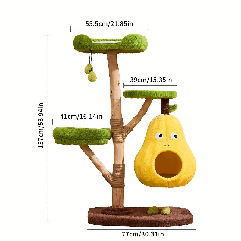 Solid Wood Modern Cat Tree Tower with Multi-Level Platforms, Scratching Posts, Top Cattail Basket Bed, Hammock & Condo - Sturdy Indoor Cat Furniture with Soft Cushioned Perches, Spacious Design for Large Adult Cats - Durable Cat Tree for Climbing