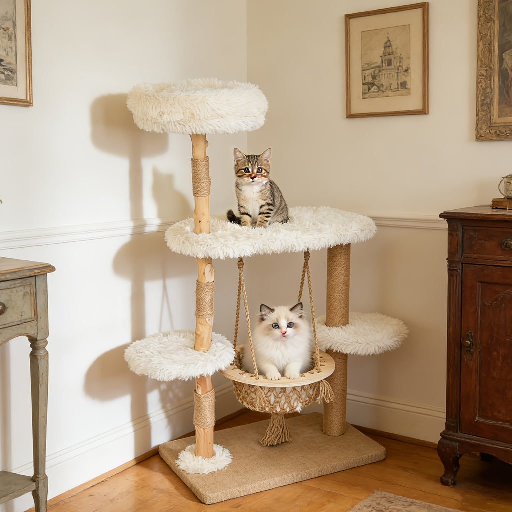 54 Inch Cat Tree for Indoor Cats | Modern Multi-Level Wooden Cat Climbing Tower with Hanging Basket Hammock, Sisal Scratching Posts, Scratchable Base for Multi-Cat Households