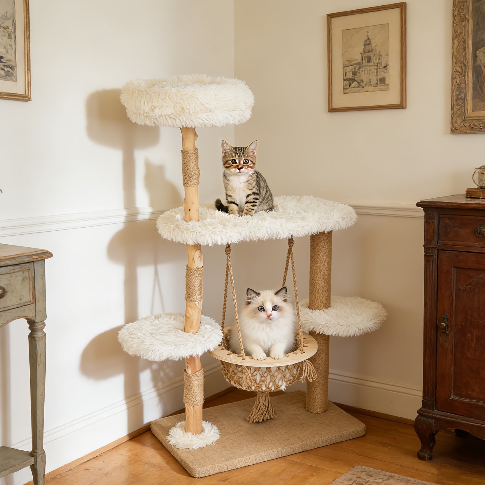 54 Inch Cat Tree for Indoor Cats | Modern Multi-Level Wooden Cat Climbing Tower with Hanging Basket Hammock, Sisal Scratching Posts, Scratchable Base for Multi-Cat Households