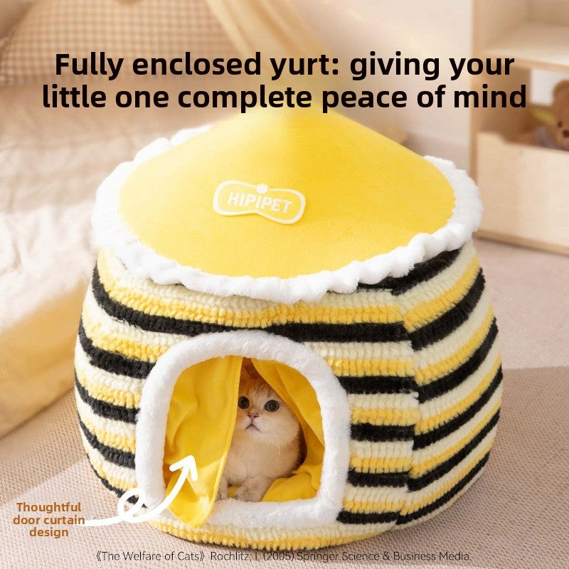 Pet Tent Bed, Autumn and Winter Enclosed Yurt Cat Villa, Fully Enclosed for Puppies and Cats for a Sense of Security, Warm and Comfortable