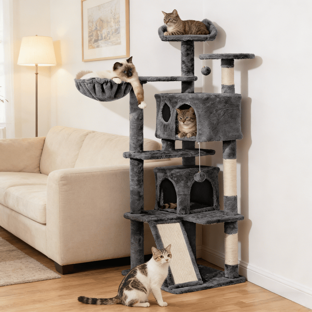 Costoffs 57''H Cat Tree Perfect Gift for Cats Condo Kitten Tree Tower w\u002F 2 Condos & Dangling Ball & Round Platform & Ladder Multilevel Indoor Cat Tree Tower for Kittens\u002FSmall Cats Christmas Gift