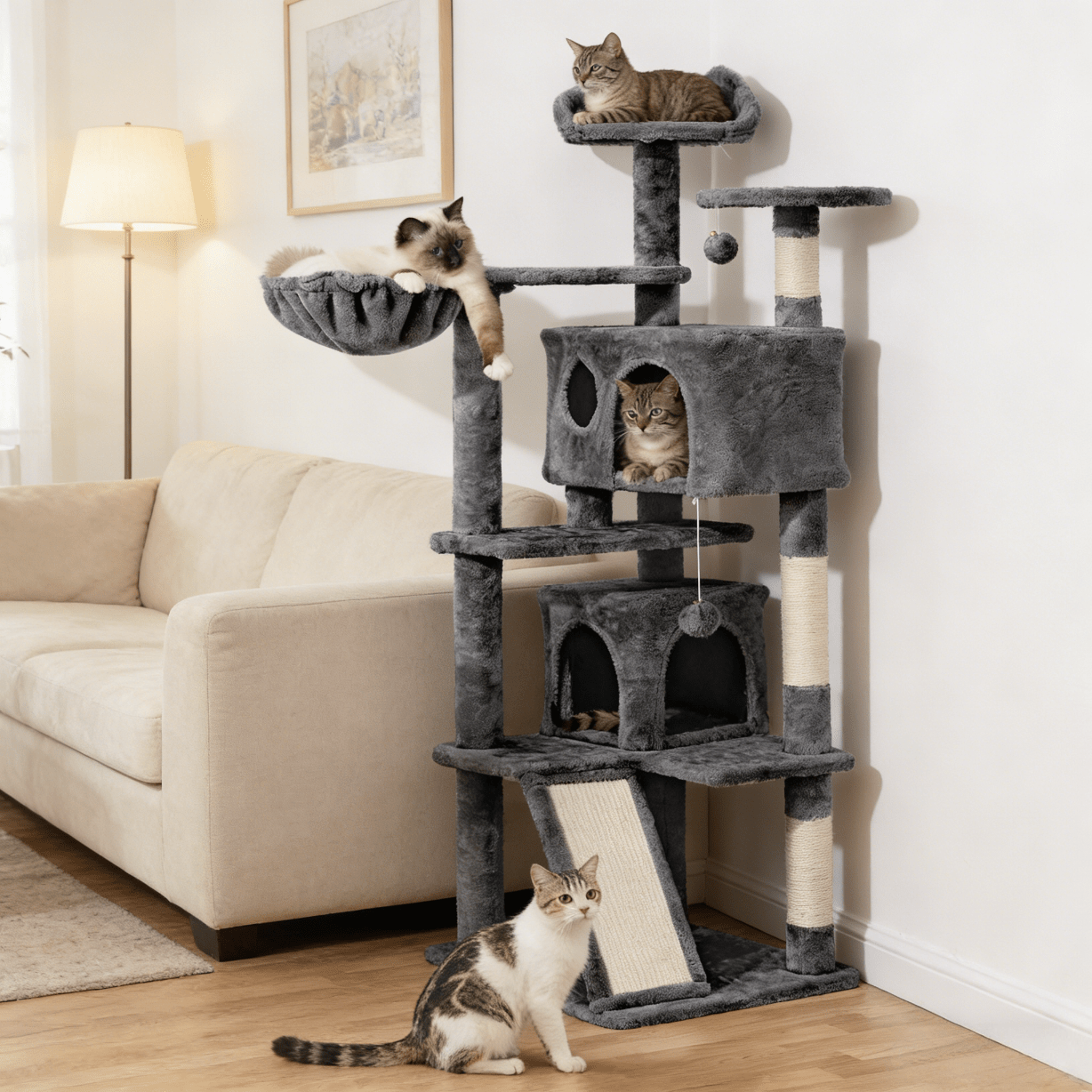 Costoffs 57''H Cat Tree Perfect Gift for Cats Condo Kitten Tree Tower w\u002F 2 Condos & Dangling Ball & Round Platform & Ladder Multilevel Indoor Cat Tree Tower for Kittens\u002FSmall Cats Christmas Gift