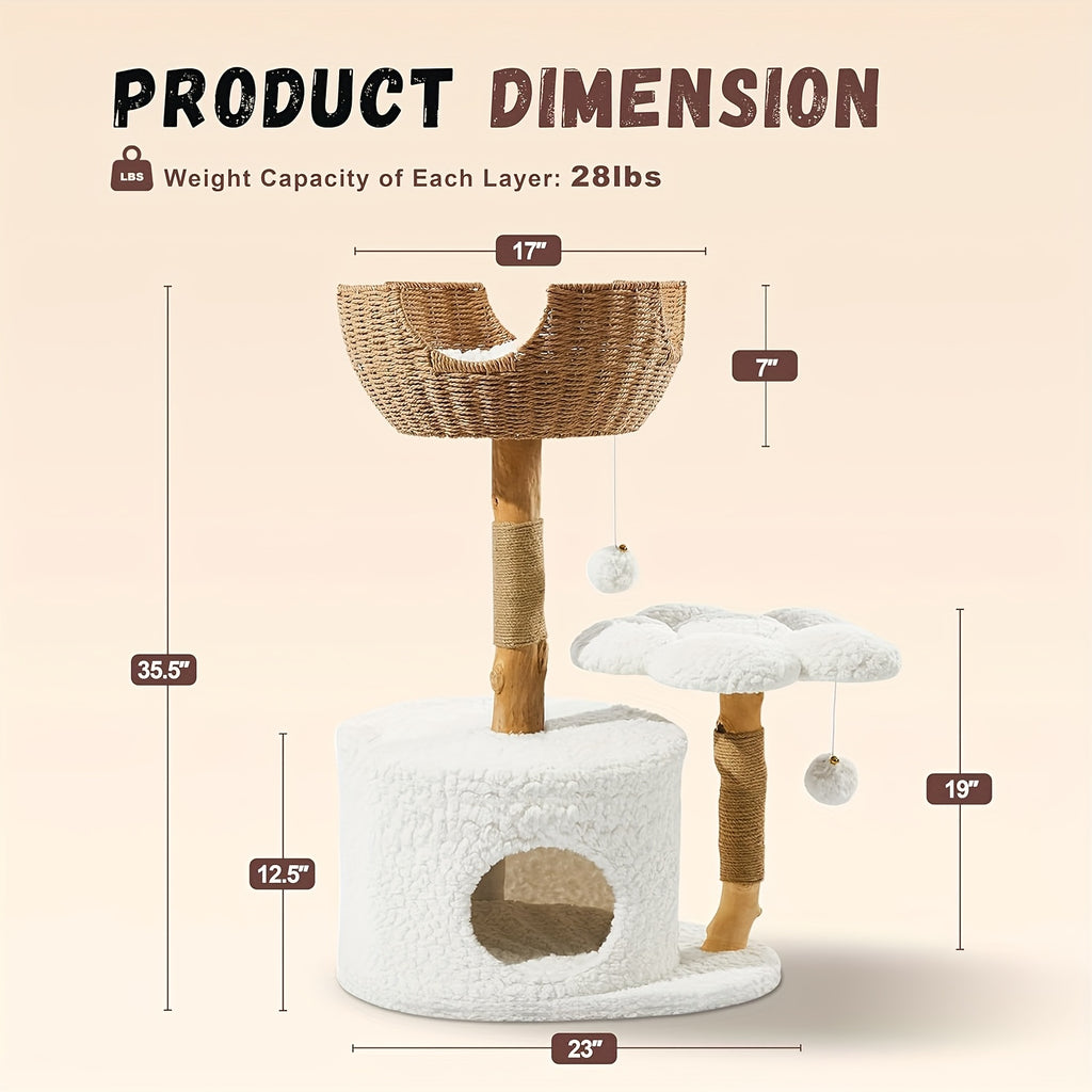 Multi-Level Cat Tree Tower for Kittens Modern Space-Saving Design with Scratching Posts, Caves, 2 Pompoms 2 Cushions, Handwoven, Sturdy Construction for Climbing, Scratching, Resting, Stylish Feline Playhouse, Small Space Solutions, Only for Kitten!!