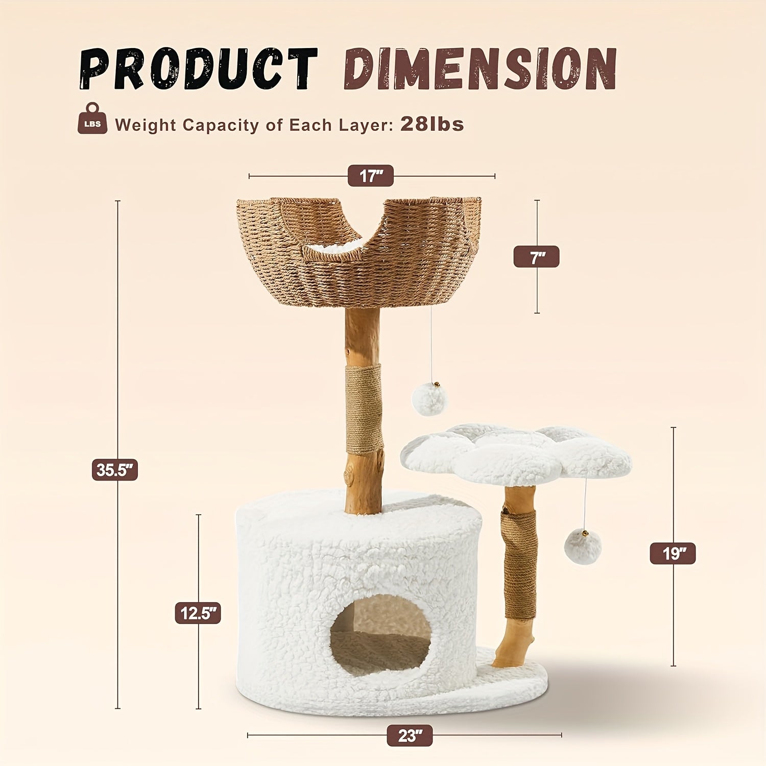 Multi-Level Cat Tree Tower for Kittens Modern Space-Saving Design with Scratching Posts, Caves, 2 Pompoms 2 Cushions, Handwoven, Sturdy Construction for Climbing, Scratching, Resting, Stylish Feline Playhouse, Small Space Solutions, Only for Kitten!!