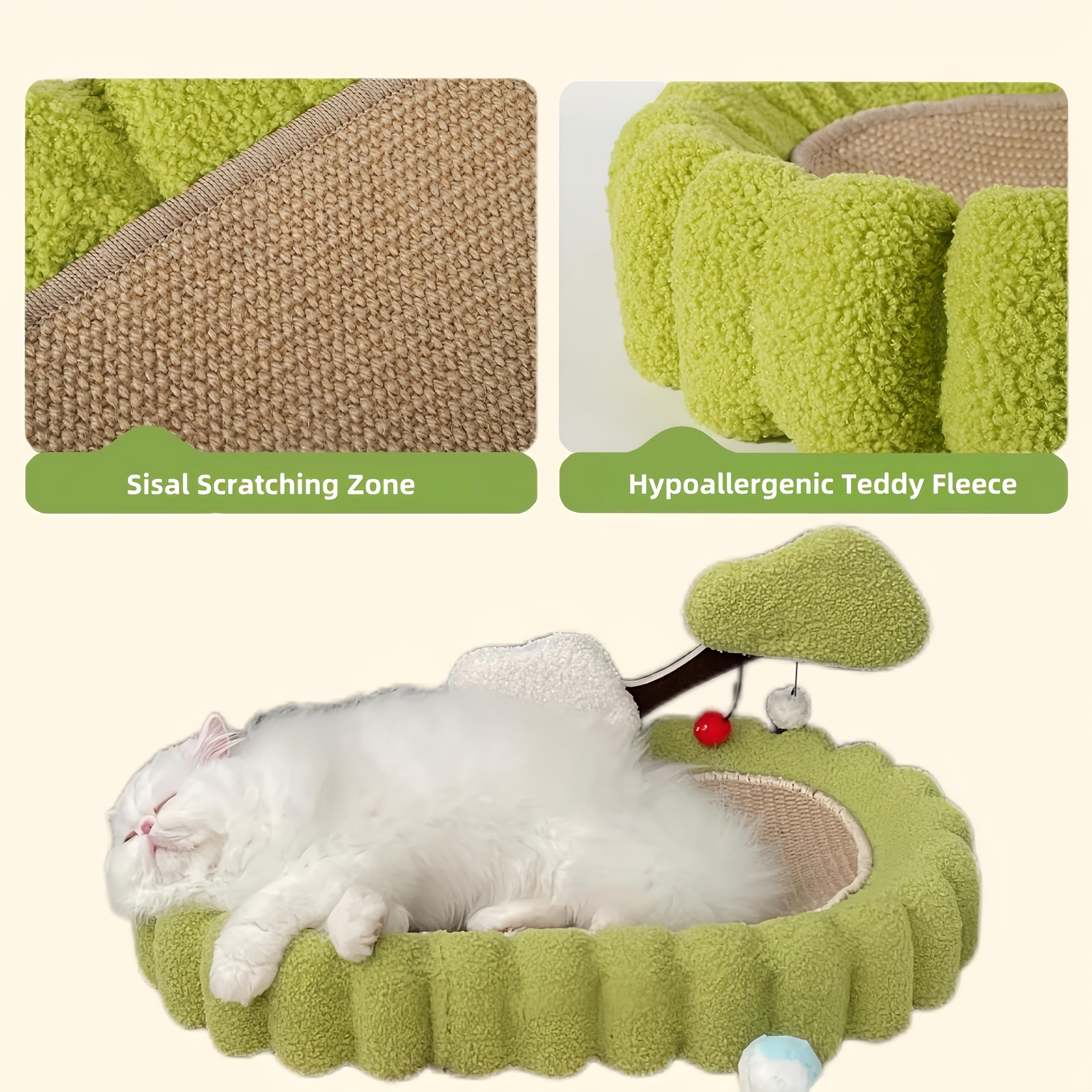 Sisal Cat Scratching Board Bed, 3-in-1 Functional Design, Including 2 Pom Pom Toys, Green Tree-shaped Scratching Post And Lounge Chair, Durable Indoor Cat Furniture Protector