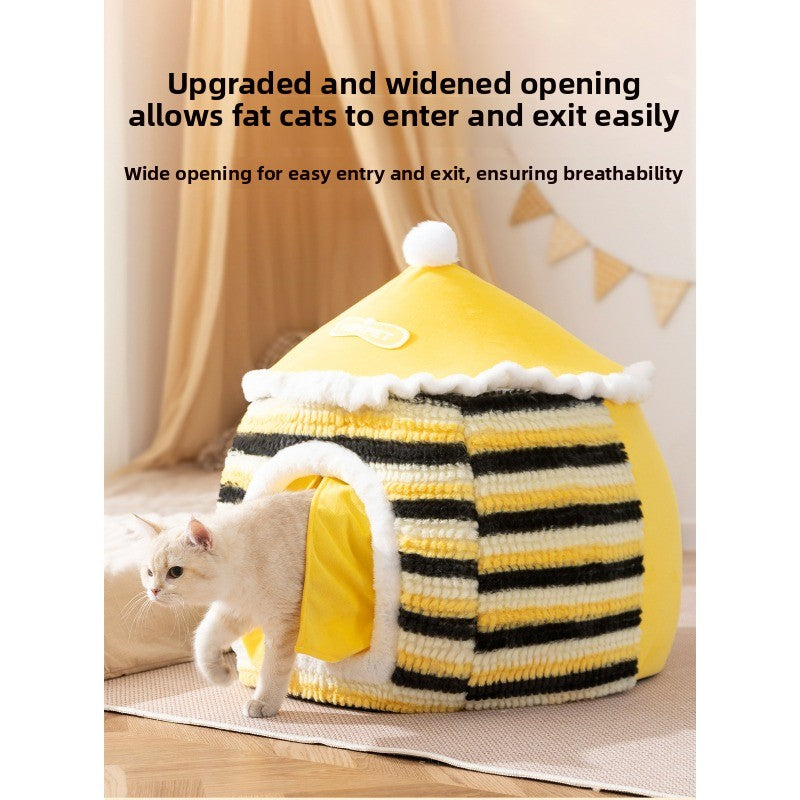 Pet Tent Bed, Autumn and Winter Enclosed Yurt Cat Villa, Fully Enclosed for Puppies and Cats for a Sense of Security, Warm and Comfortable