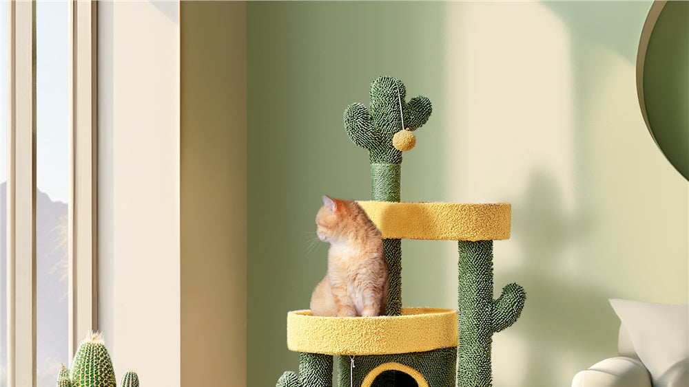 Costoffs 48.5in Cat Tree Oasis-Themed Fleece-Covered Cat Tree Tower, Cactus Cat Condo with 3 Perches\u002FScratching Posts\u002FToys, Cute Cat House Activity Center, Anti-tipping, Ideal Christmas Gift for Indoor Cat Kitty, Green & Yellow