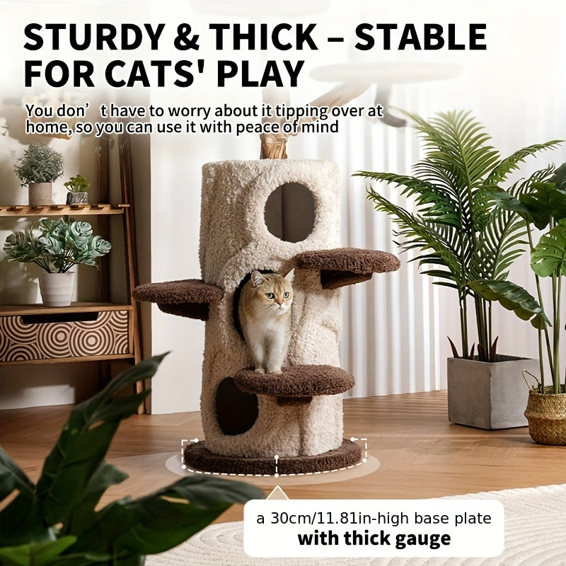 A Cat Tree Structure Featuring Three Comfortable Hideaways - a Stylish Wooden Condo Perfect for Halloween, Designed for Multiple Adult Cats with Spacious Levels, Soft Perches, Platforms, And Scratching Posts