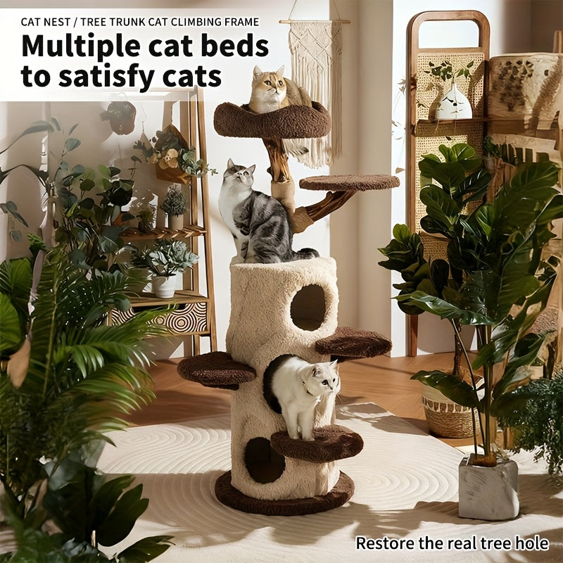 A Cat Tree Structure Featuring Three Comfortable Hideaways - a Stylish Wooden Condo Perfect for Halloween, Designed for Multiple Adult Cats with Spacious Levels, Soft Perches, Platforms, And Scratching Posts