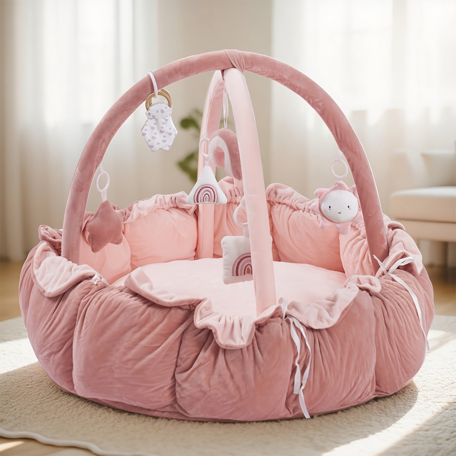 5-in-1 Thick & Plush Multi-Functional Cat & Dog Bed - Convertible Gym with Ball Pit, 6 Toys, Tummy Time Mat & Floor Mats | Plush Cushion Suitable for Kittens\u002FPuppies, Developmental Play & Rest