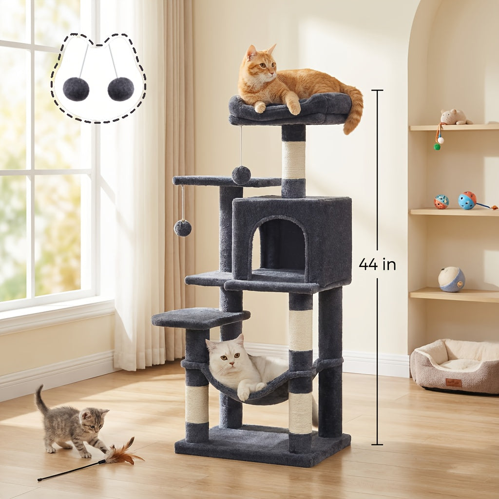 66in\u002F44in Multi-Level Cat Condo Tower with Cozy Cave & Plush Hammock, Featuring 4 Sisal Scratching Posts, 2 Perches, Anti-Tilt Stable House Apartment, Ultimate Pet Playhouse for Multi-Cat Families, Easy 10-Min Assembly, Gift for Kittens & Cats