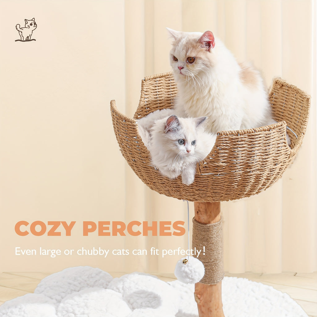 Multi-Level Cat Tree Tower for Kittens Modern Space-Saving Design with Scratching Posts, Caves, 2 Pompoms 2 Cushions, Handwoven, Sturdy Construction for Climbing, Scratching, Resting, Stylish Feline Playhouse, Small Space Solutions, Only for Kitten!!