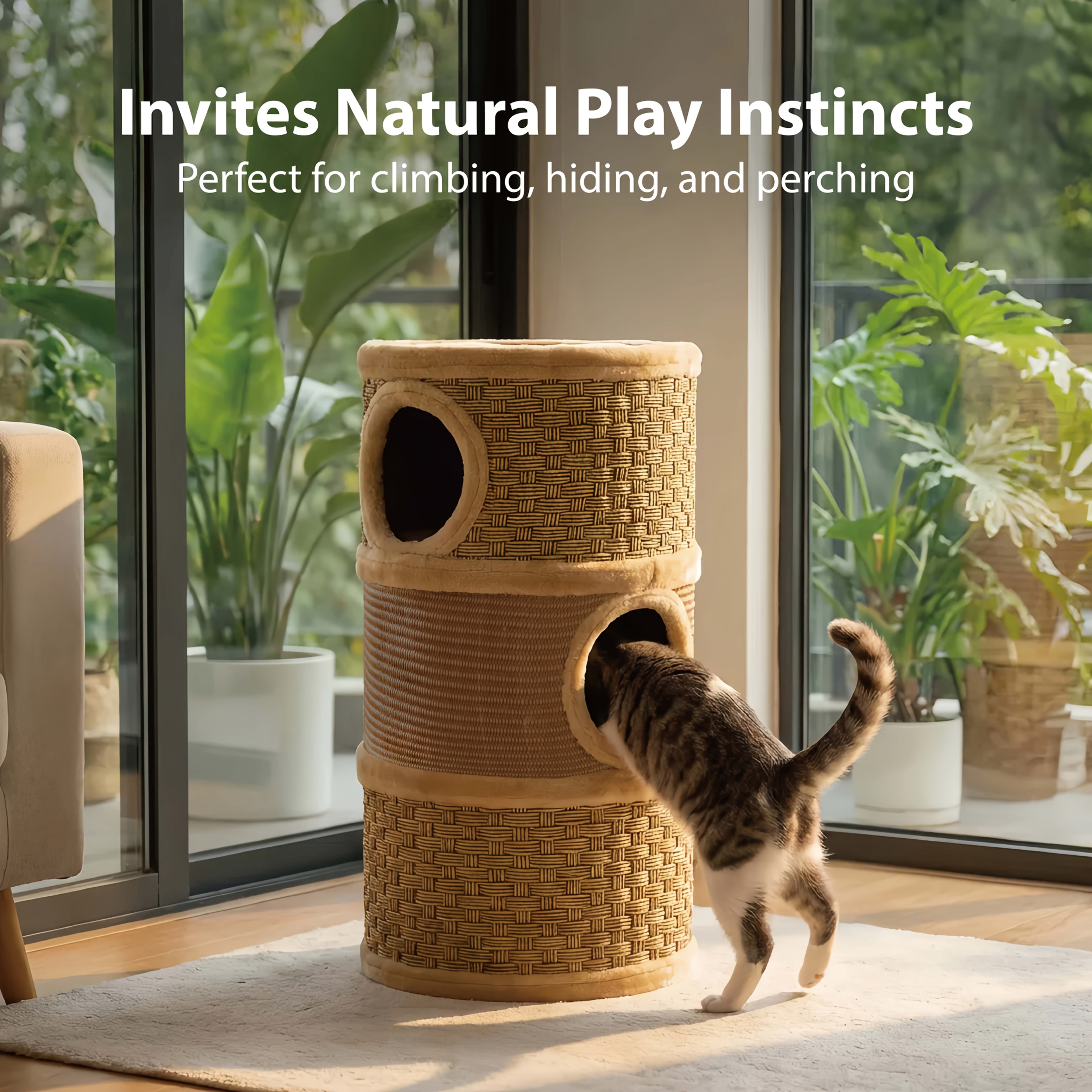 Three-Level Cat Tree Towers for Indoor -Durable Cat Furniture, Cat Scratcher & Cozy Cat Bed, Cat Climbing Frame with A House Hole, Cat Tree House, Cat Hideaway, Scratch-Resistant Design, Tree Hole Style, Sisal Material, Space-Saving