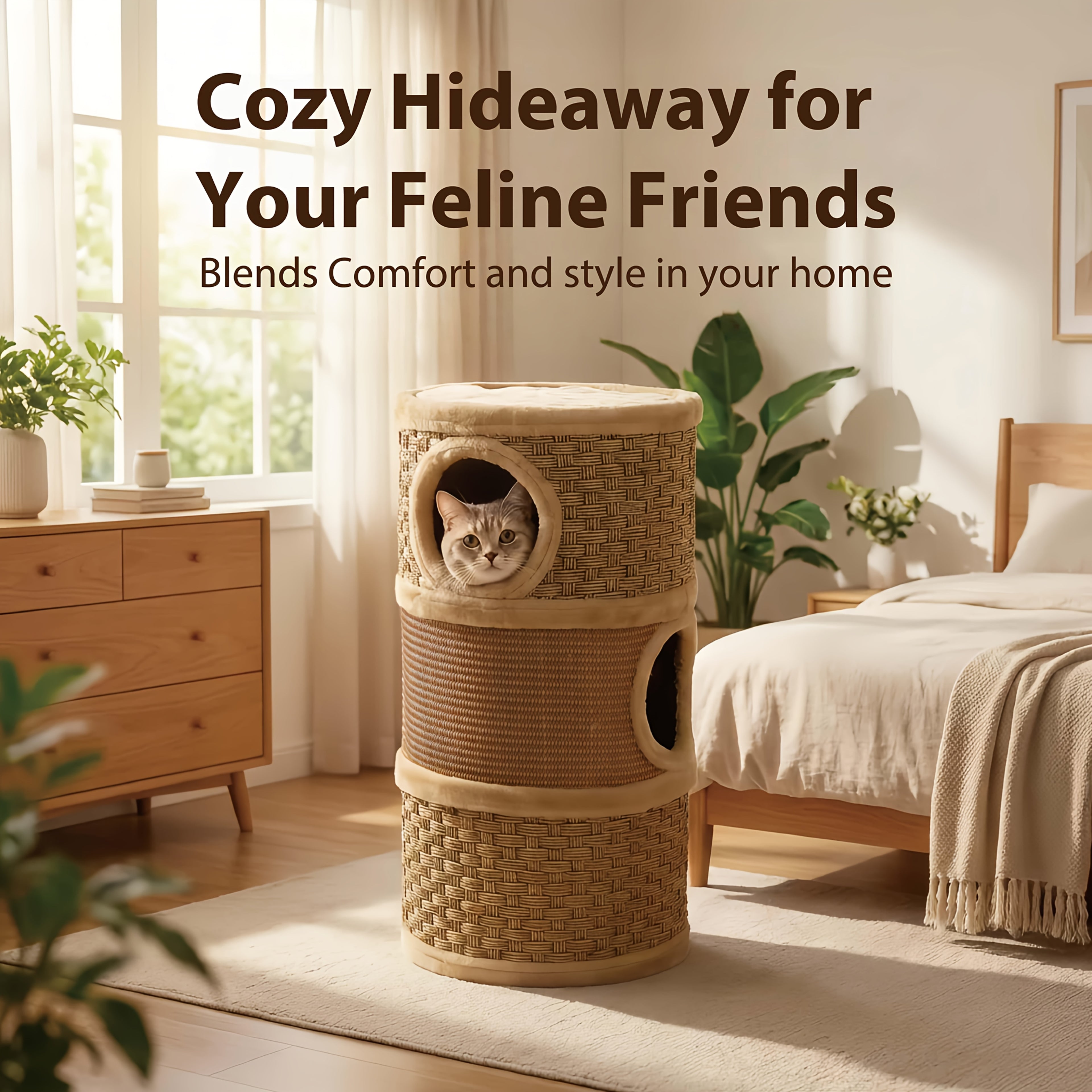 Three-Level Cat Tree Towers for Indoor -Durable Cat Furniture, Cat Scratcher & Cozy Cat Bed, Cat Climbing Frame with A House Hole, Cat Tree House, Cat Hideaway, Scratch-Resistant Design, Tree Hole Style, Sisal Material, Space-Saving