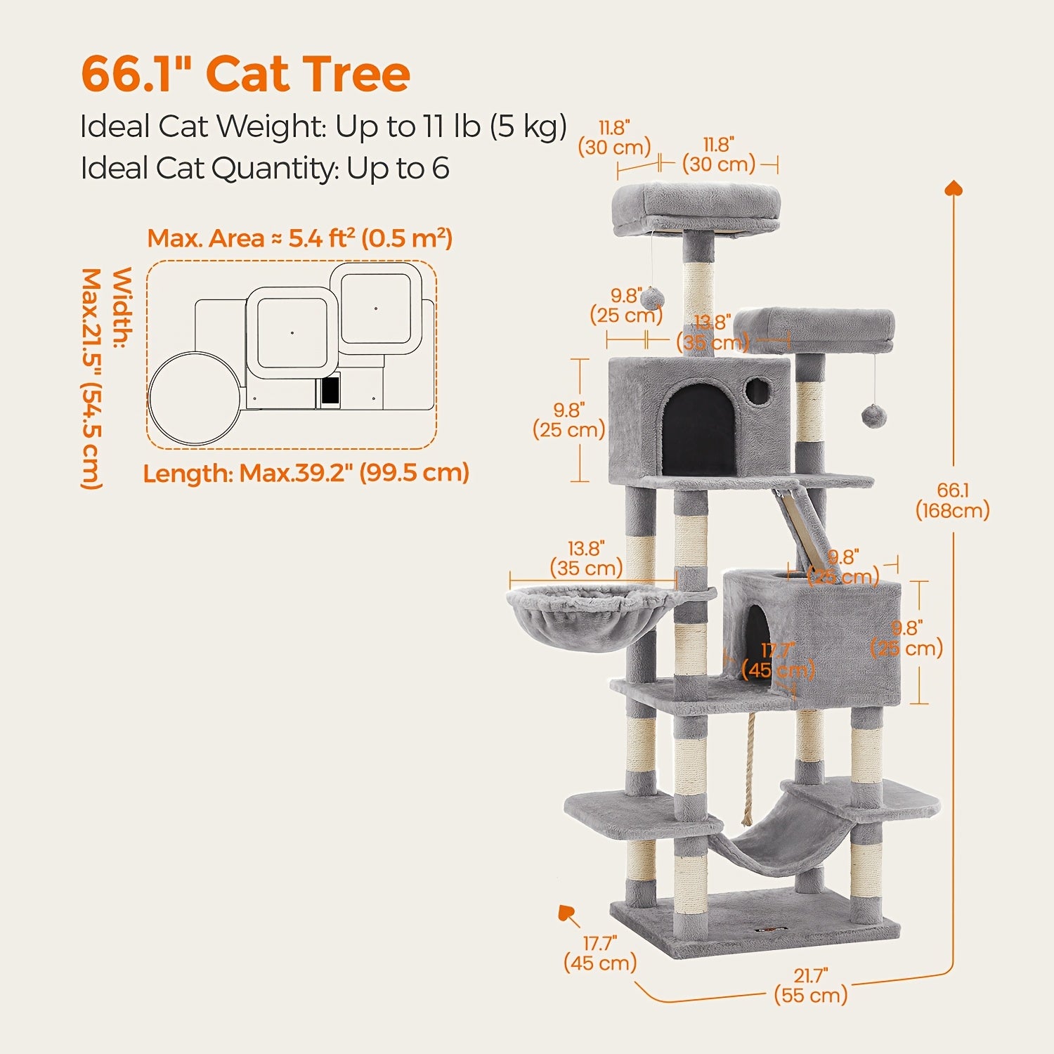 66in\u002F44in Multi-Level Cat Condo Tower with Cozy Cave & Plush Hammock, Featuring 4 Sisal Scratching Posts, 2 Perches, Anti-Tilt Stable House Apartment, Ultimate Pet Playhouse for Multi-Cat Families, Easy 10-Min Assembly, Gift for Kittens & Cats