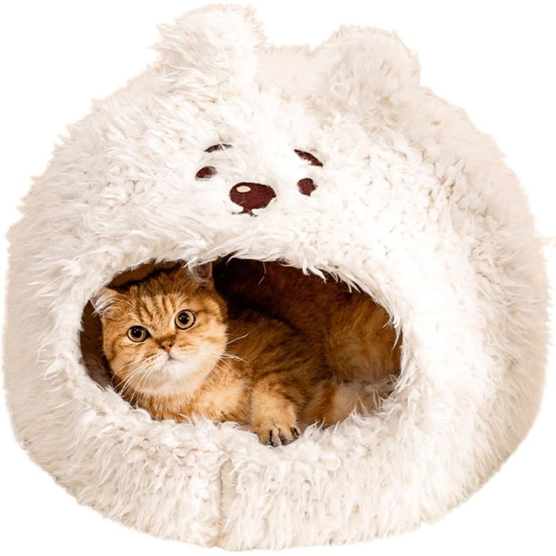 Cozy Cat Cave Bed with Privacy Cover, Winter Warm Dog House for Indoor Use, Non-Slip Base & Machine Washable, Calming Shelter for Pets