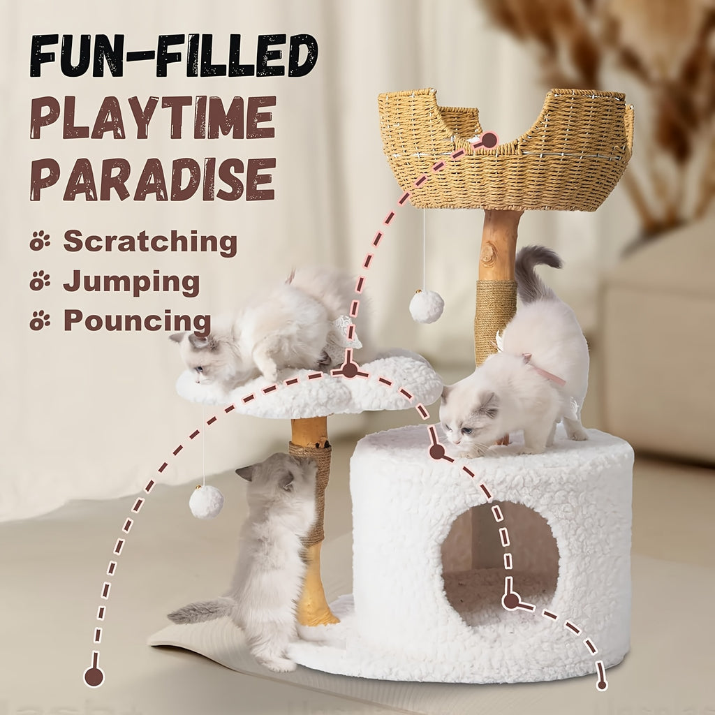 Multi-Level Cat Tree Tower for Kittens Modern Space-Saving Design with Scratching Posts, Caves, 2 Pompoms 2 Cushions, Handwoven, Sturdy Construction for Climbing, Scratching, Resting, Stylish Feline Playhouse, Small Space Solutions, Only for Kitten!!