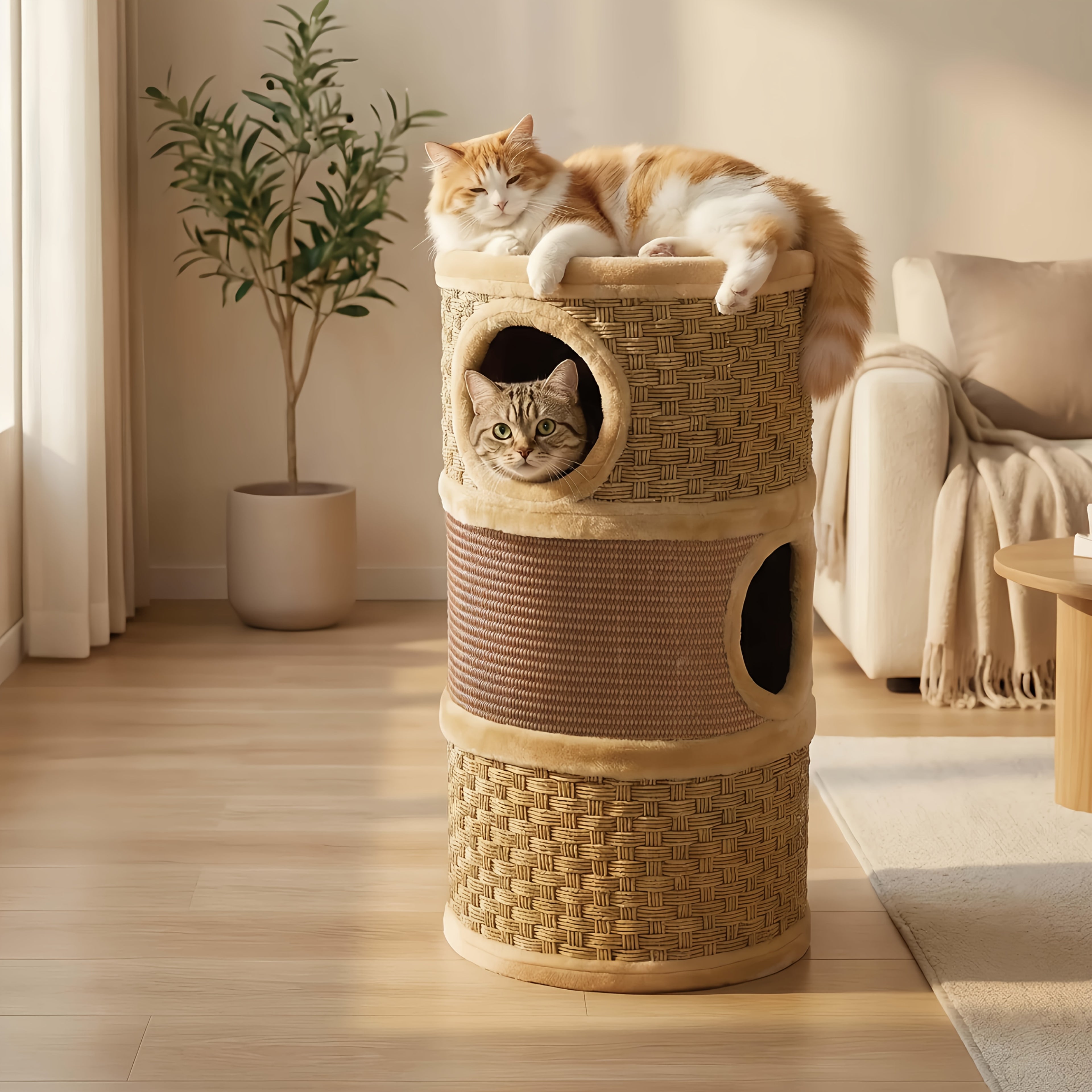 Three-Level Cat Tree Towers for Indoor -Durable Cat Furniture, Cat Scratcher & Cozy Cat Bed, Cat Climbing Frame with A House Hole, Cat Tree House, Cat Hideaway, Scratch-Resistant Design, Tree Hole Style, Sisal Material, Space-Saving
