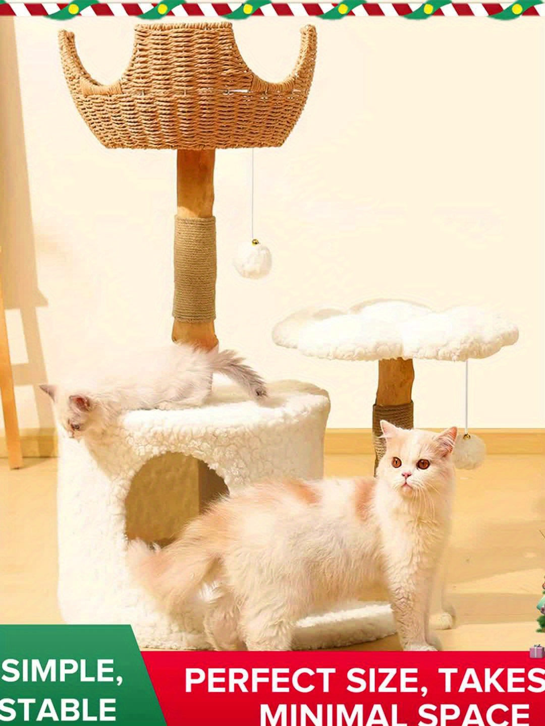 Multi-Level Cat Tree Tower for Kittens Modern Space-Saving Design with Scratching Posts, Caves, 2 Pompoms 2 Cushions, Handwoven, Sturdy Construction for Climbing, Scratching, Resting, Stylish Feline Playhouse, Small Space Solutions, Only for Kitten!!