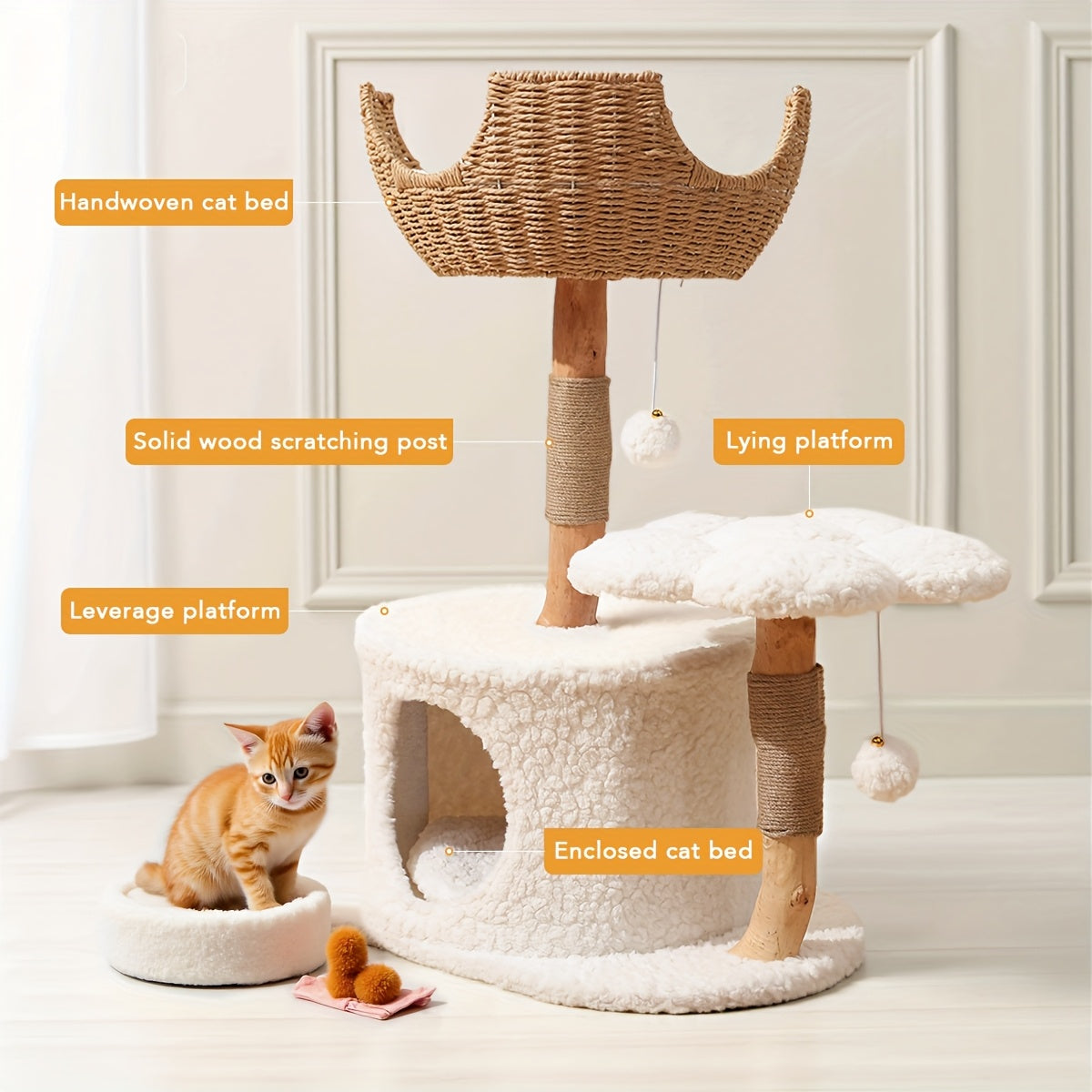 Multi-Level Cat Tree Tower for Kittens Modern Space-Saving Design with Scratching Posts, Caves, 2 Pompoms 2 Cushions, Handwoven, Sturdy Construction for Climbing, Scratching, Resting, Stylish Feline Playhouse, Small Space Solutions, Only for Kitten!!