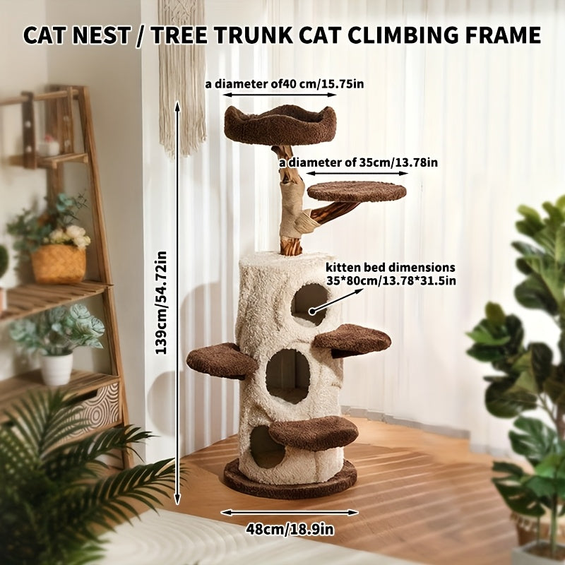 A Cat Tree Structure Featuring Three Comfortable Hideaways - a Stylish Wooden Condo Perfect for Halloween, Designed for Multiple Adult Cats with Spacious Levels, Soft Perches, Platforms, And Scratching Posts