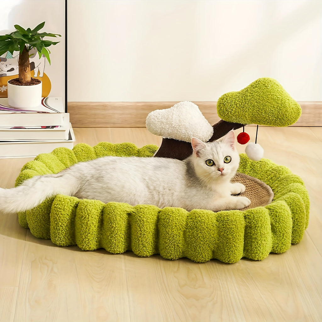 Sisal Cat Scratching Board Bed, 3-in-1 Functional Design, Including 2 Pom Pom Toys, Green Tree-shaped Scratching Post And Lounge Chair, Durable Indoor Cat Furniture Protector